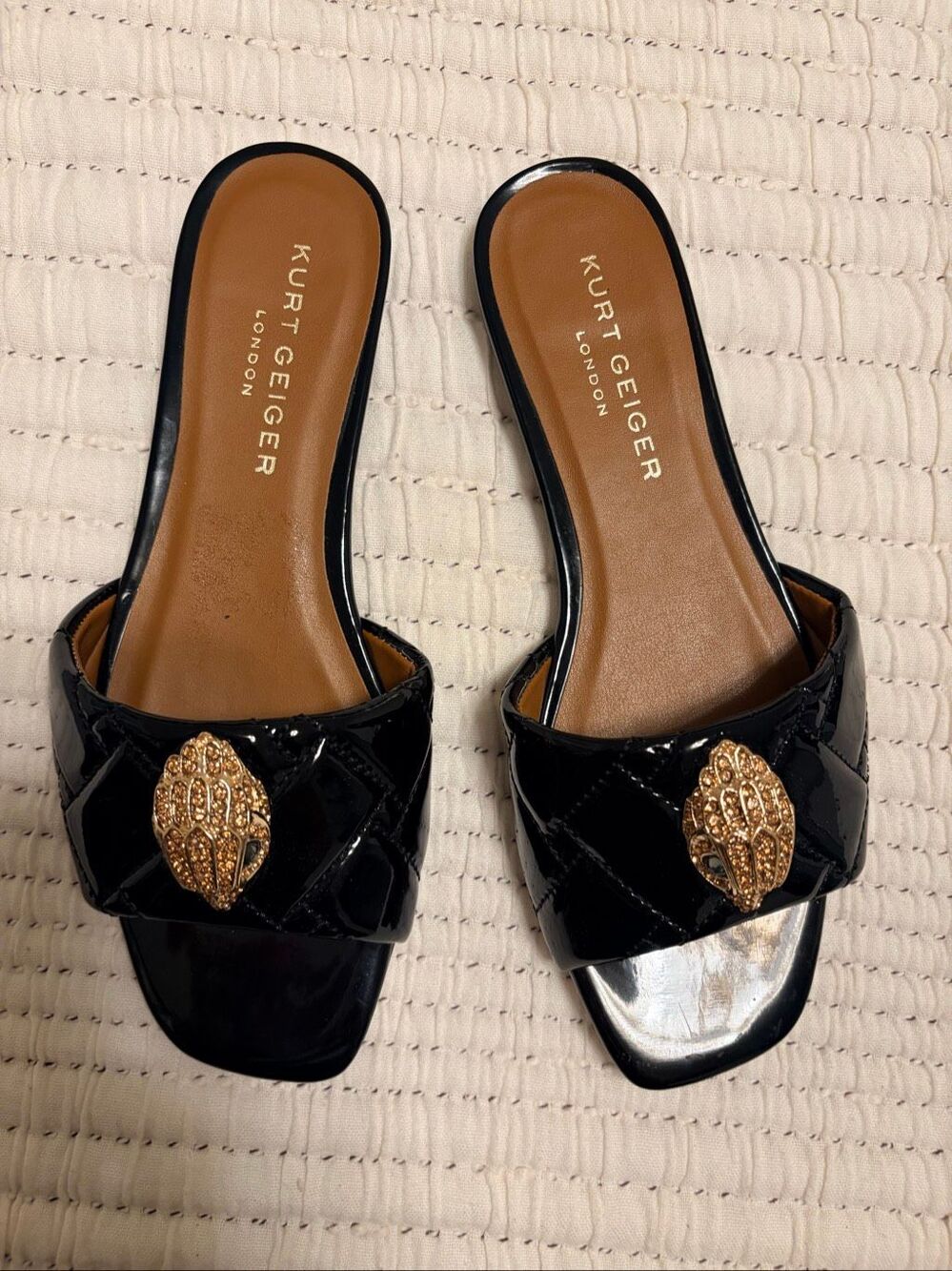 Kurt Geiger London Black Patent Eagle Head Mules Sandals EU 39 US 8.5
